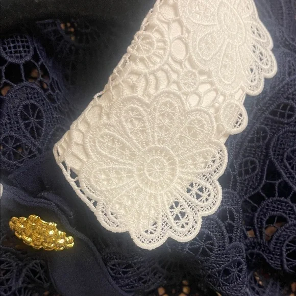 Self Portrait White Collar Navy Lace Midi Dress Size 8 - Picture 10 of 16